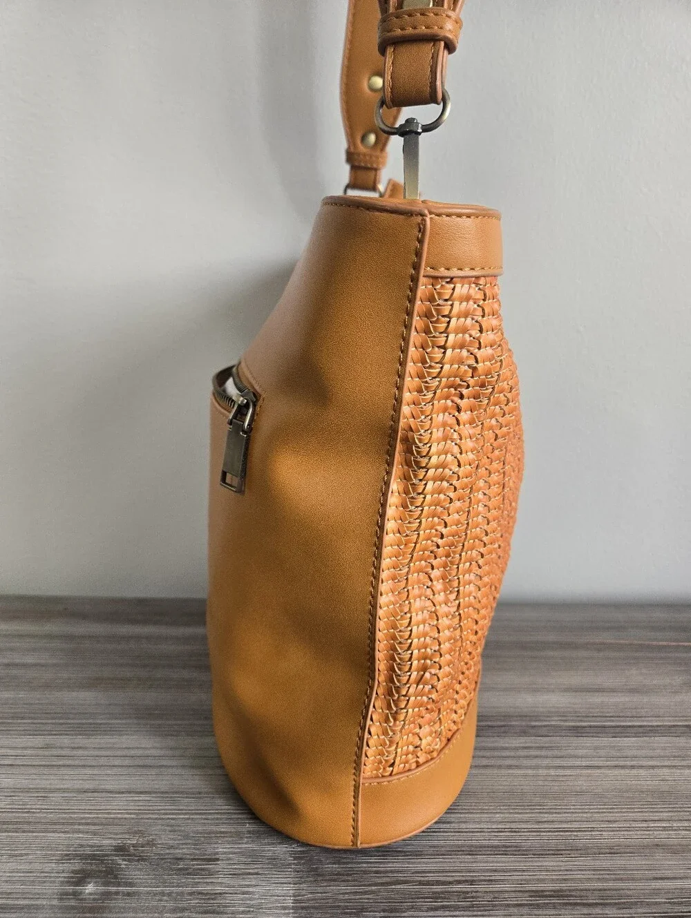 Urban Originals Woven Faux Leather Bucket Shoulder Bag Tan Brown Boho